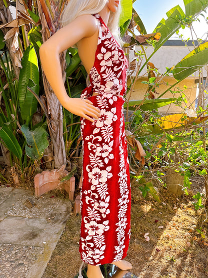 Vintage Red Hibiscus Flower Halter + Wrap Skirt Two Piece Set