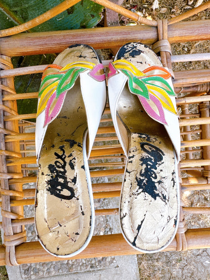 1950s Tropical White and Gold Boomerang Sphere Heel Sandals