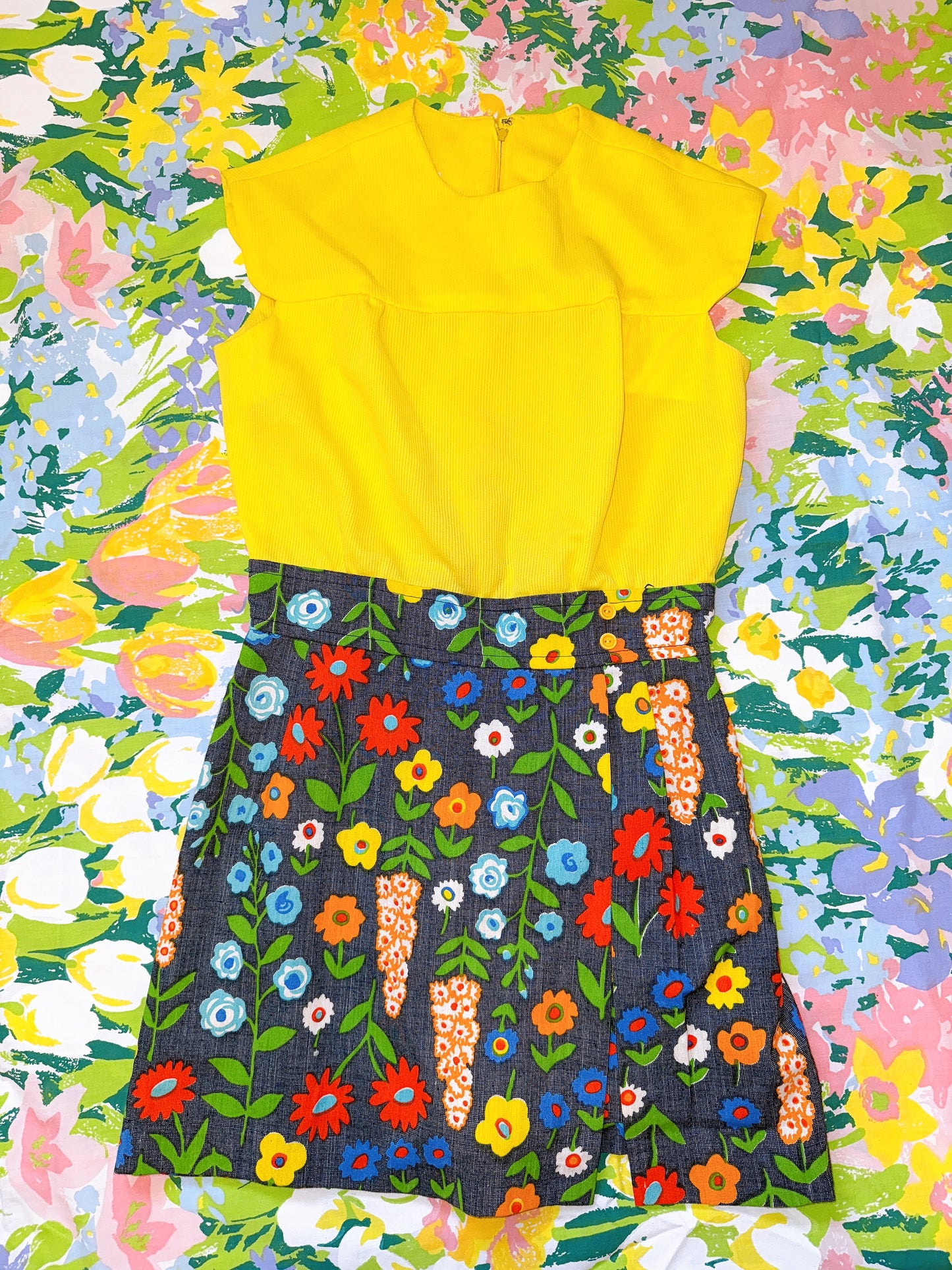 1970s Yellow Floral Romper Dress