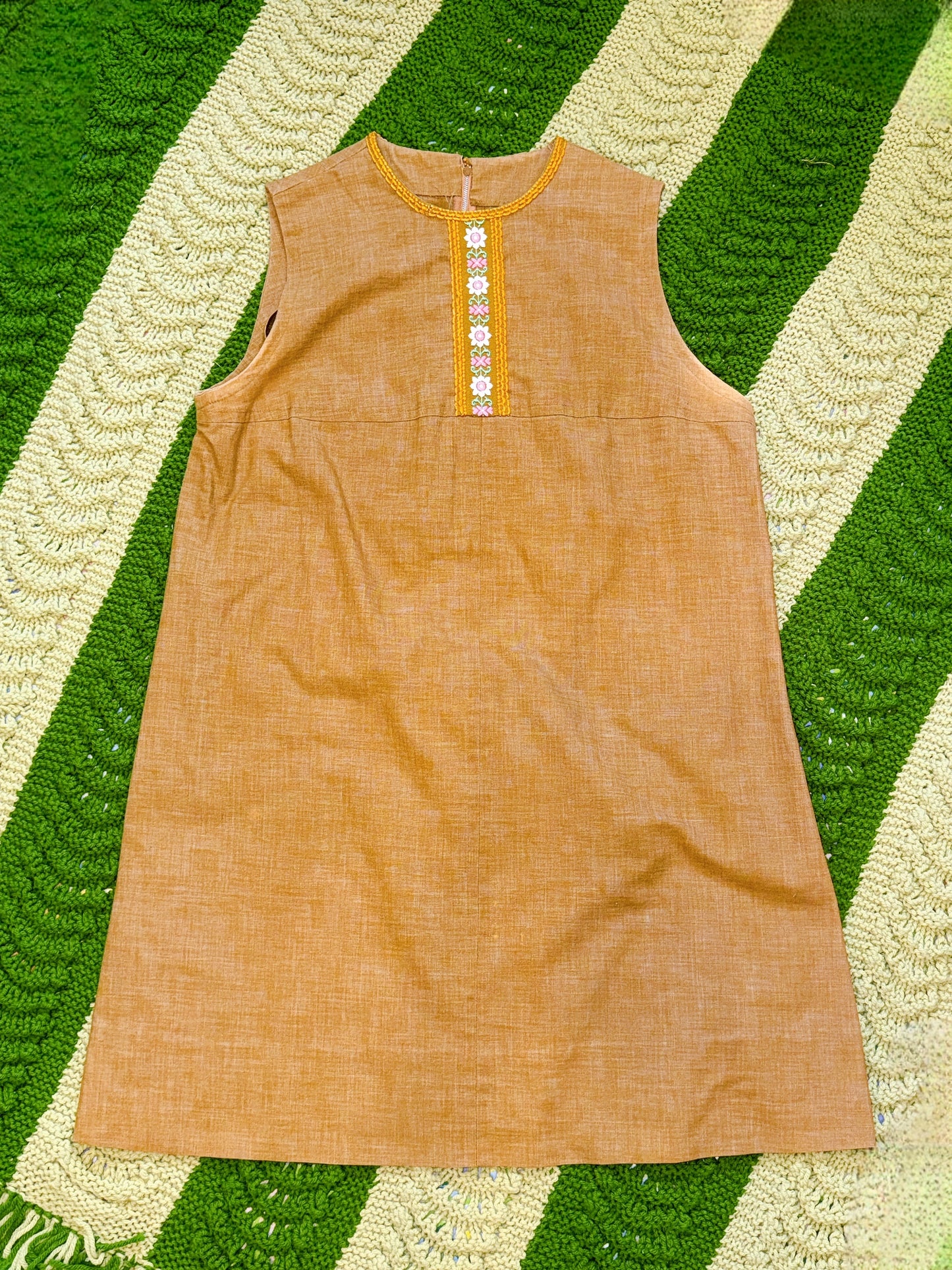 1960s Tan & Floral Embroidery Hippie Mini Shift Dress