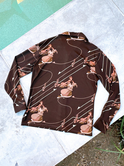 1970s Novelty Musical Goddess Chocolate Brown Polyester Disco Button Up Top