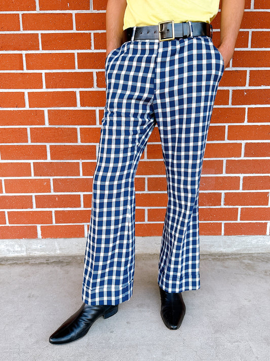 1970s Blue & White Plaid Flare Cuffed Levi’s Panatela Pants 36x31