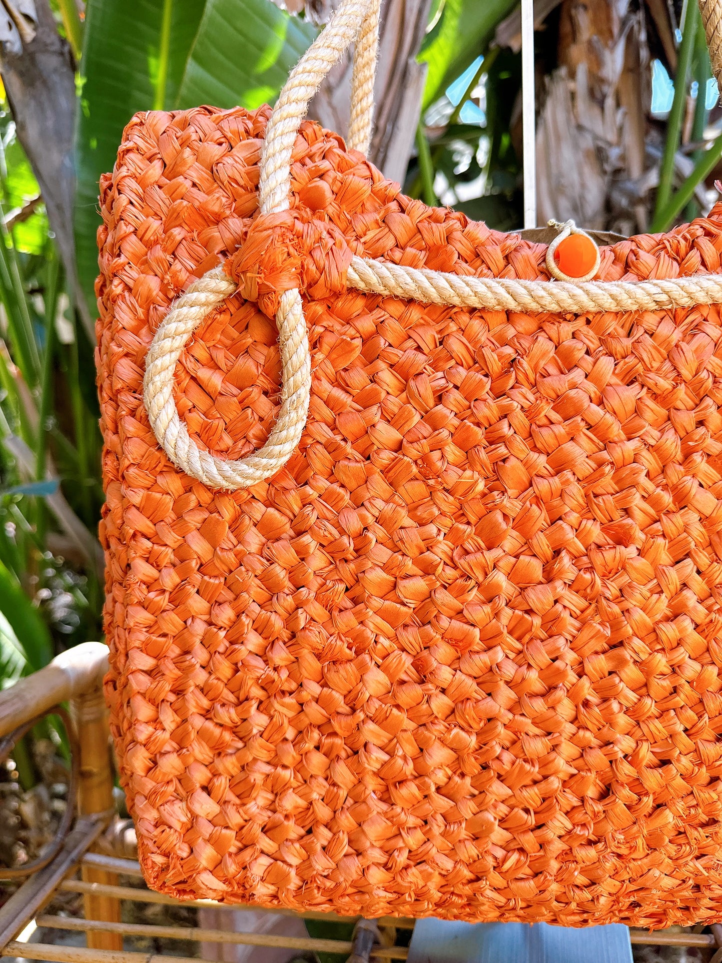 1960s Orange Raffia and Rope Handles Insulated Tote Bag