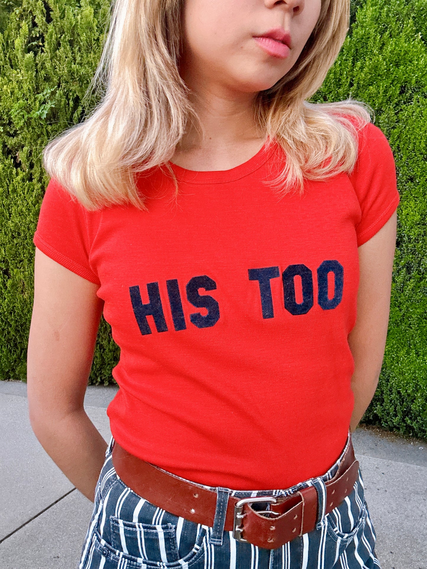 1970s “His Too” Black Velvet Appliqué Novelty Red T-Shirt