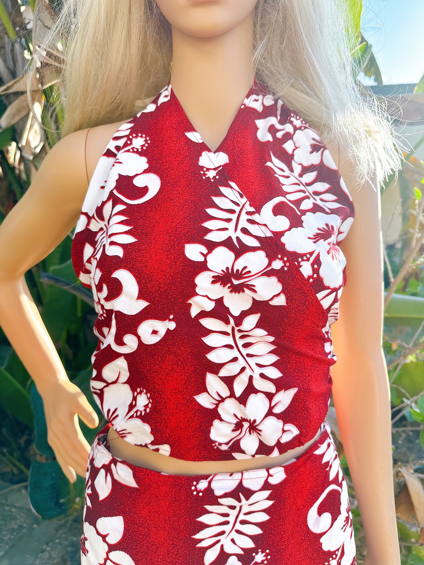 Vintage Red Hibiscus Flower Halter + Wrap Skirt Two Piece Set