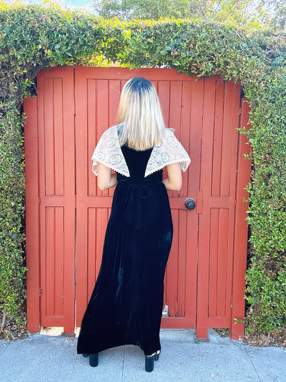 1970s Black Velvet and Lace Cape Maxi Dress