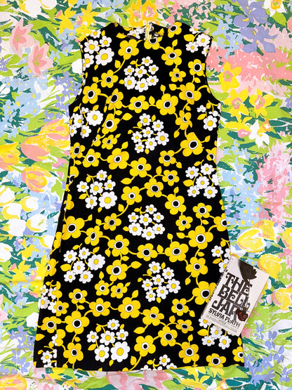 1960s Black & Yellow Flower Power Shift Dress