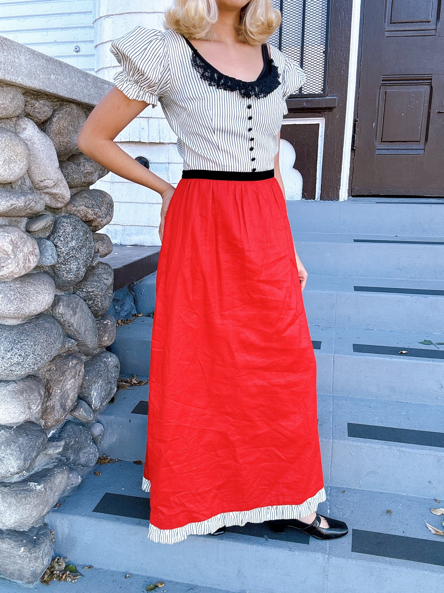 1960s does Edwardian Red, Black, & White Pinstripe Maxi Dress