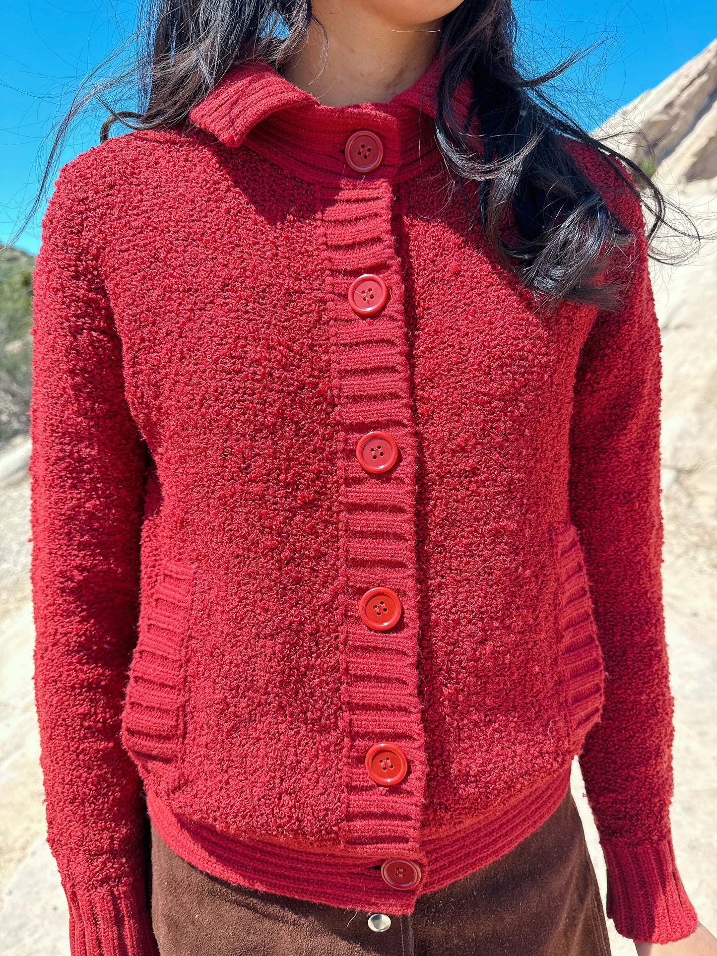 1960s Cranberry Boucle Knit Cardigan