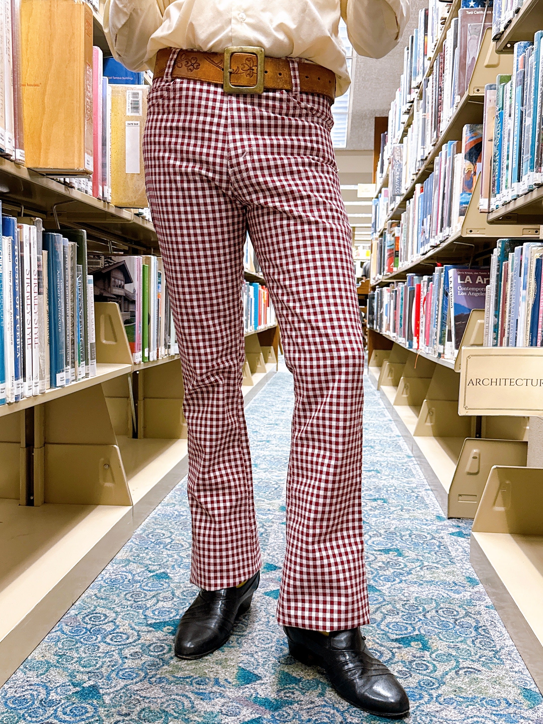 1970s Red & White Checkered Gingham Flare Legs Pants by