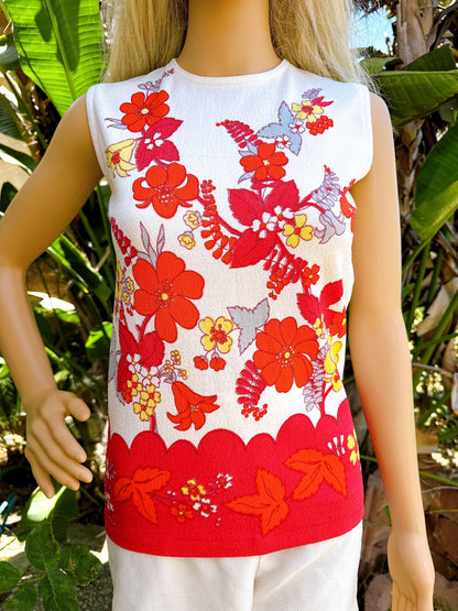 1960s Hot Pink & White Nylon Novelty Floral Sleeveless Top