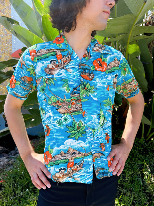 1960s Hawaiian Island Sleeve Water Rayon Hawaiian Shirt