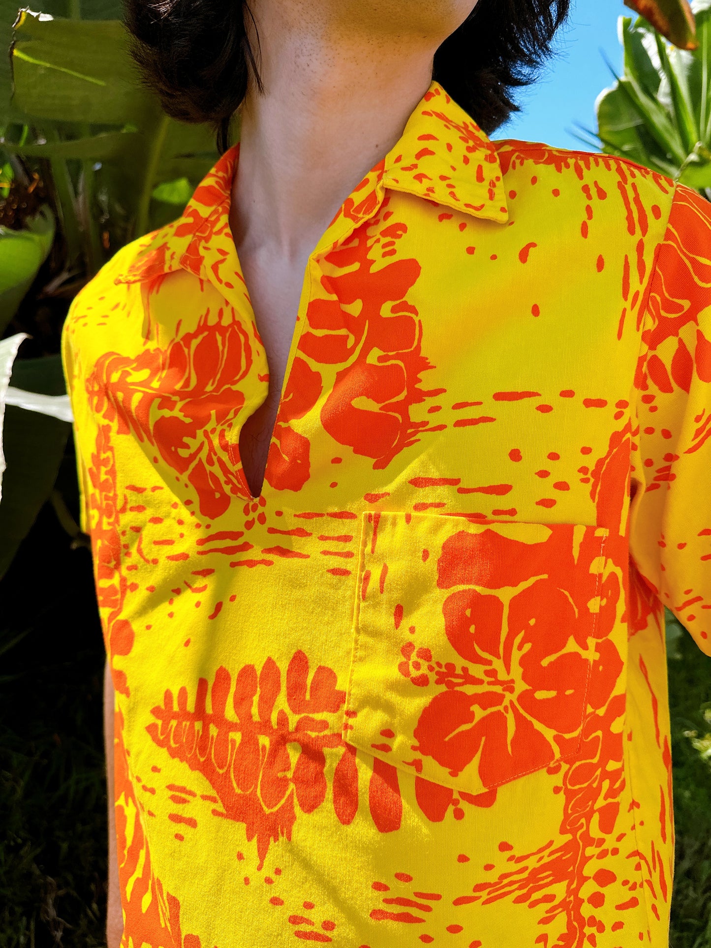 1960s Yellow + Orange Hawaiian Aloha Pullover Top