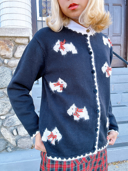 Vintage Scottish Terrier Scottie Dog Novelty Black & White Knit Cardigan