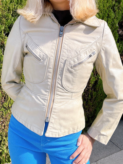 1970s Cream Petite Leather Jacket Acme Zipper