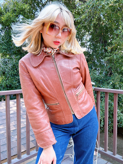 1970s Brown O-Ring Beagle Collar Cropped Leather Jacket