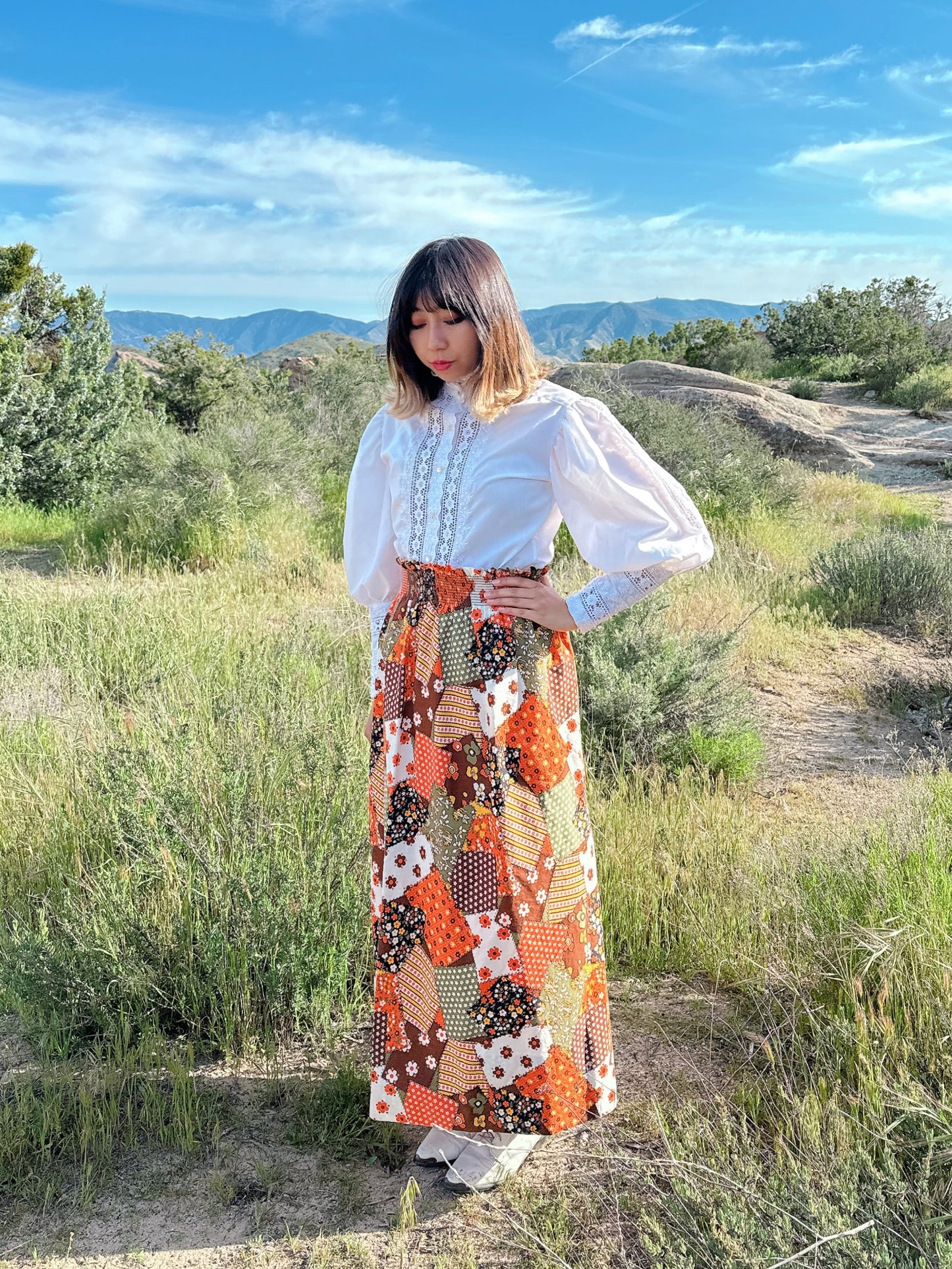 1970s Orange Faux Patchwork Maxi Skirt