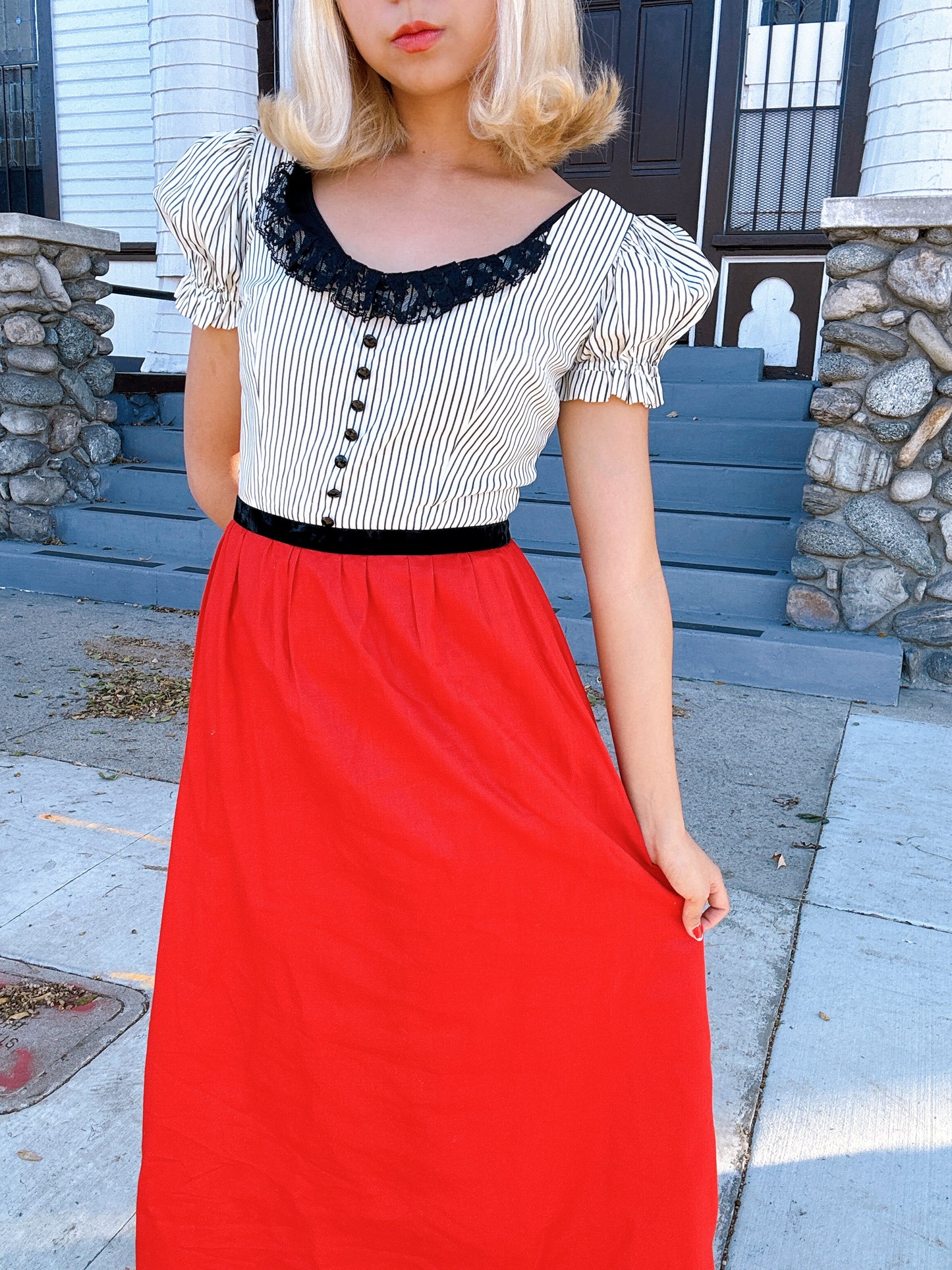 1960s does Edwardian Red, Black, & White Pinstripe Maxi Dress