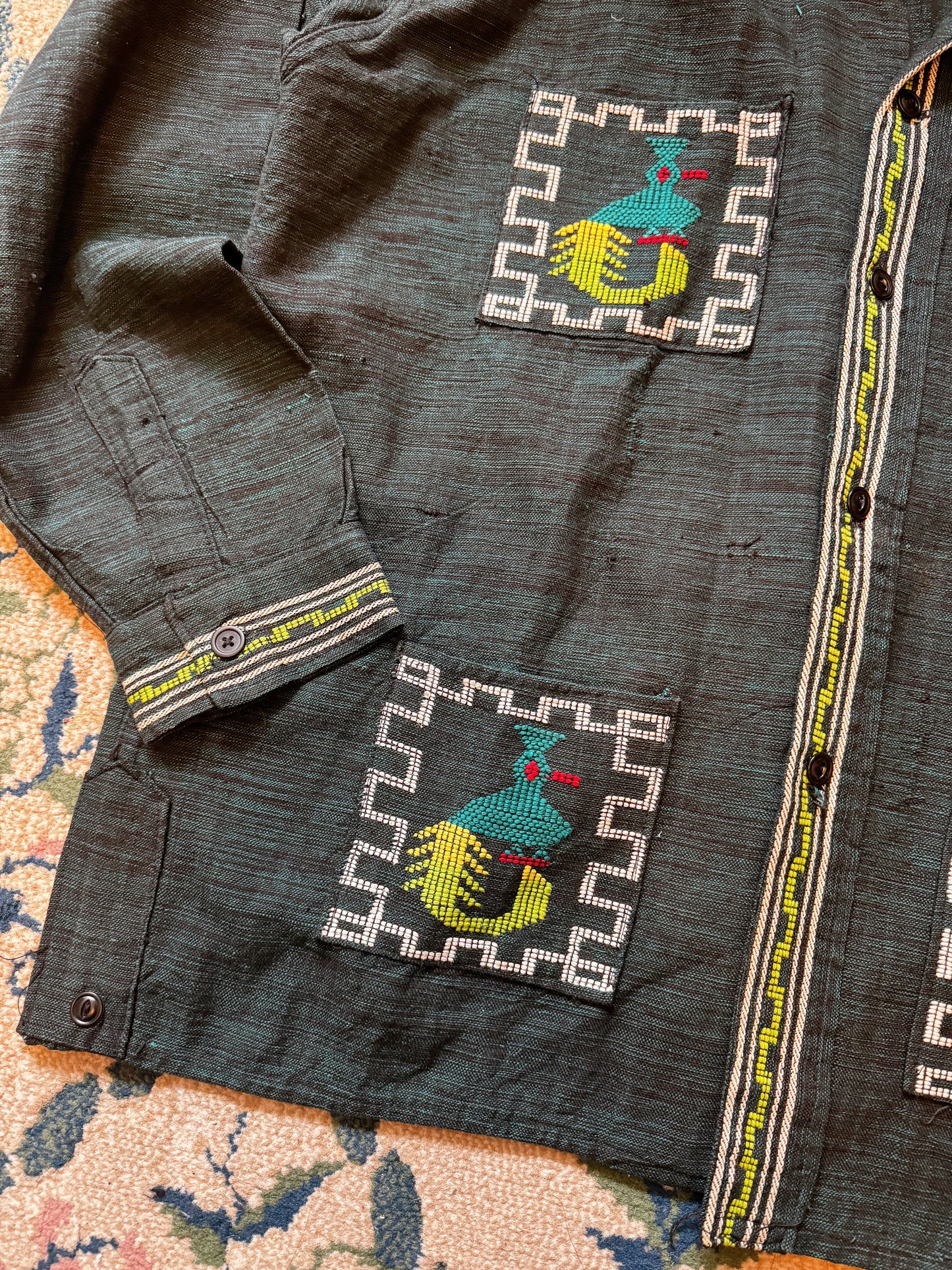 1970s Guatemalan Quetzal Bird Embroidered Cotton Folk Shirt