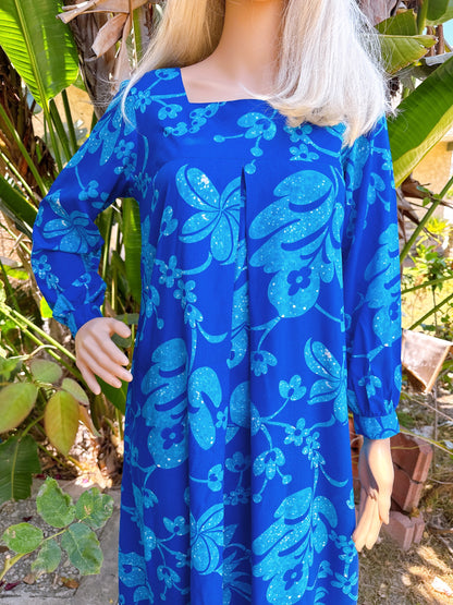 1960s Blue Hawaiian Long Sleeve Maxi Dress