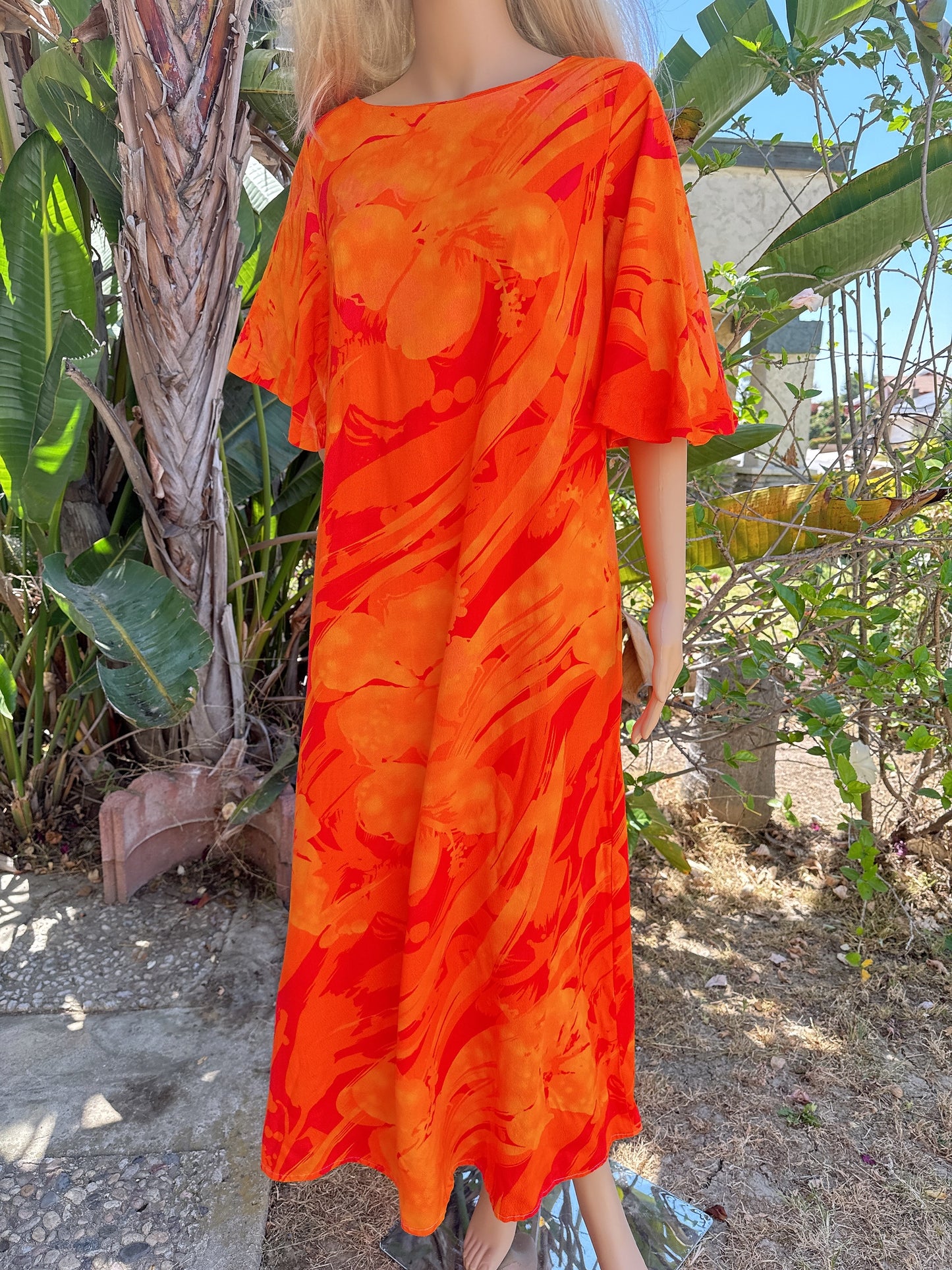 1970s Orange Acid Flutter Sleeve Hawaiian Maxi Dress