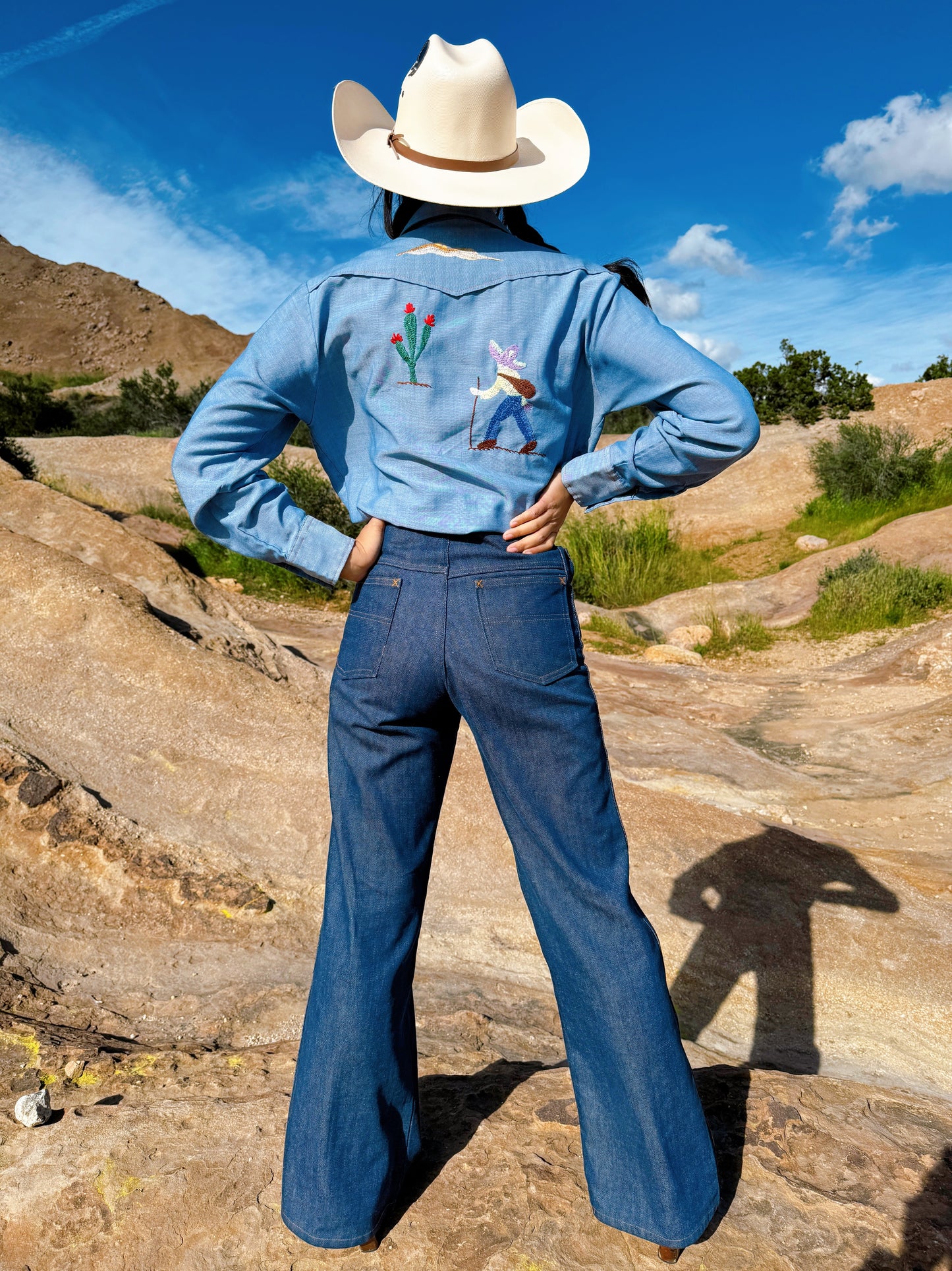 1970s Hiker & Cactus Embroidered Chambray Button Up Top