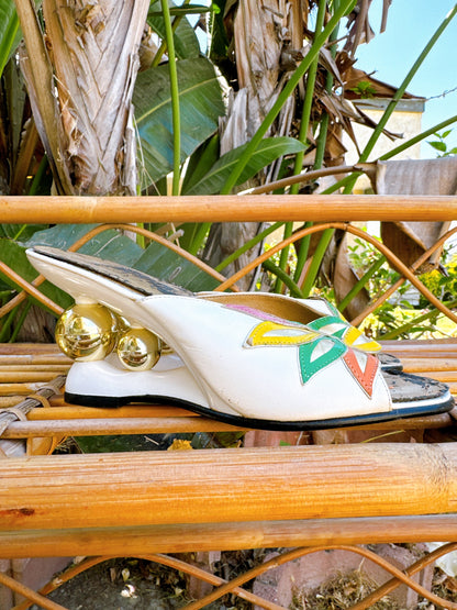 1950s Tropical White and Gold Boomerang Sphere Heel Sandals