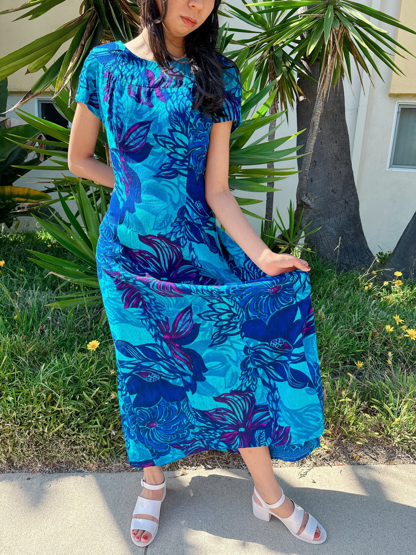 1960s Deep Sea Blue Floral Hawaiian Maxi Dress