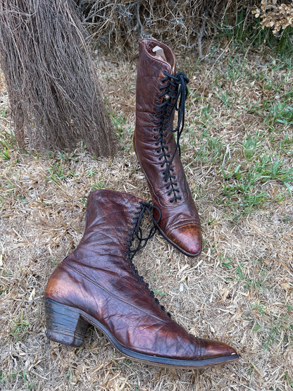 1900s Edwardian Antique Brown Leather Lace Up Boots Size 6