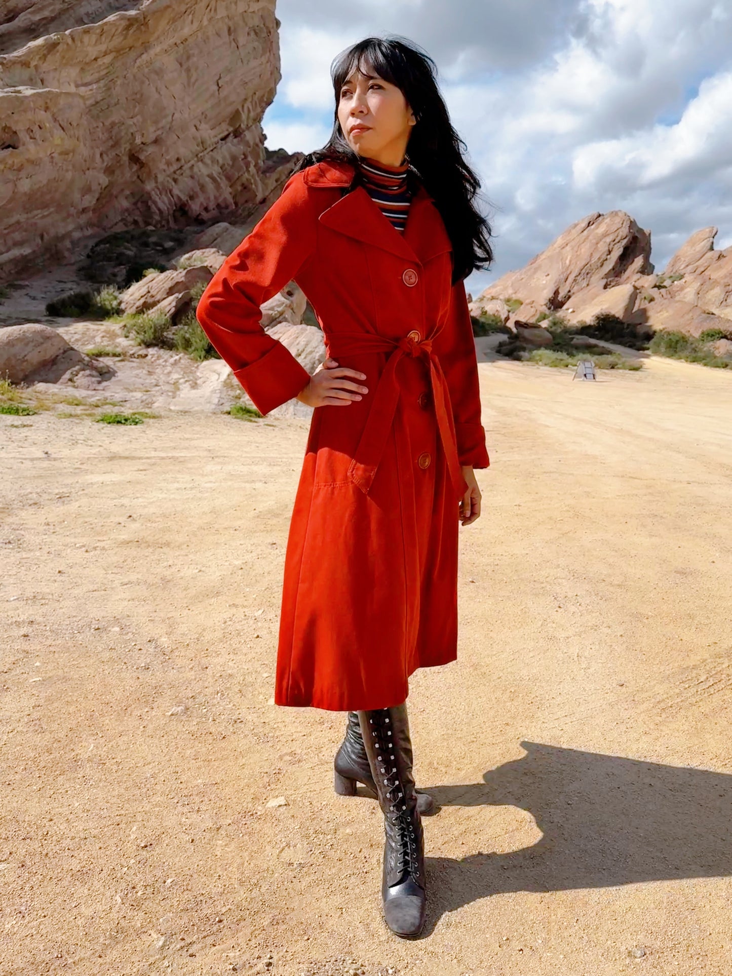 1970s Brick Red Trench Coat with Detachable Hood