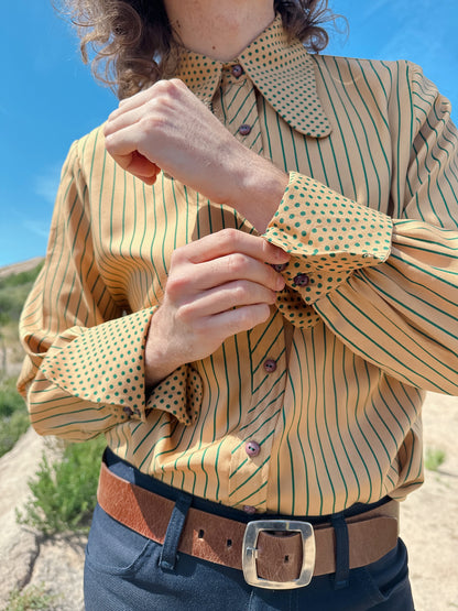 1970s Stripe and Polka Dot Beagle Collar Button Up Top