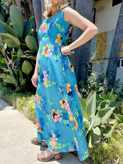 1960s Turquoise & Hot Pink Hawaiian Maxi Dress