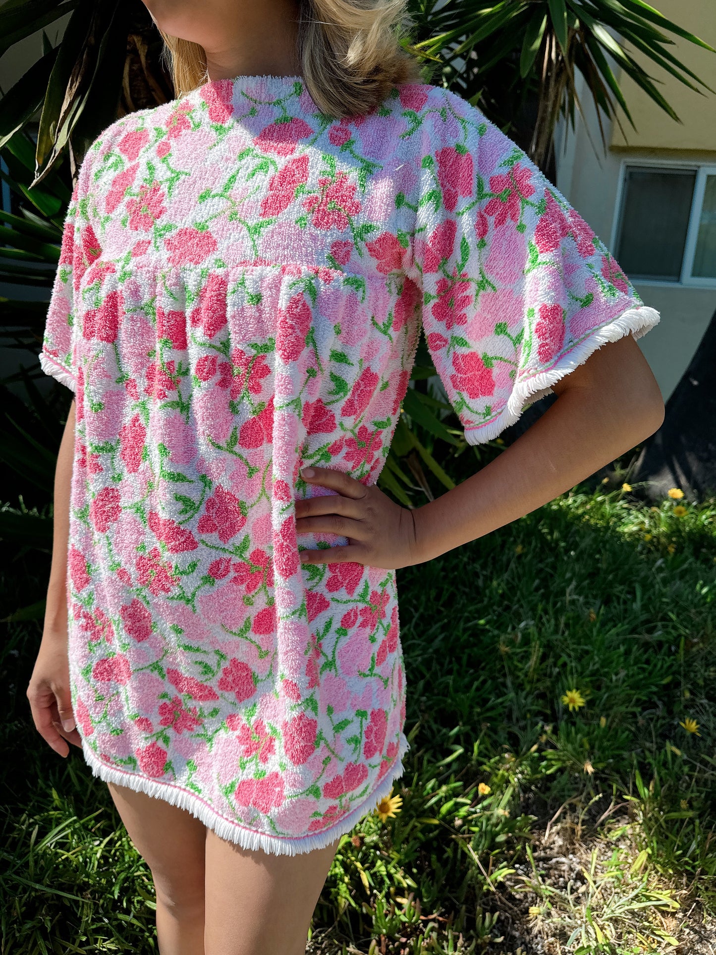 1960s Pink Floral Babydoll Towel Terry Mini Dress