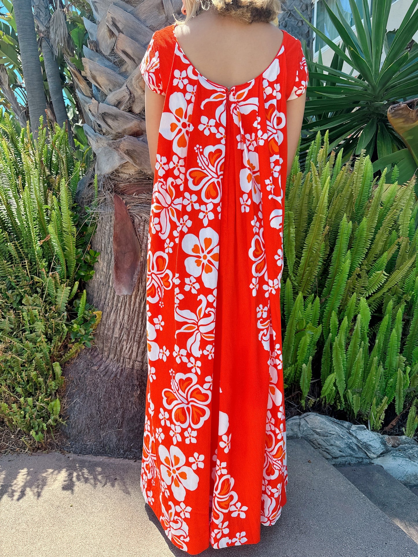 1960s Orange Hibiscus Hawaiian Maxi Dress