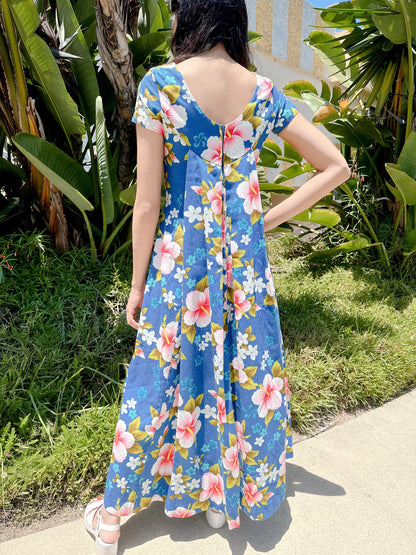 1960s Blue Aloha Floral Hawaiian Maxi Dress with Watteau Back