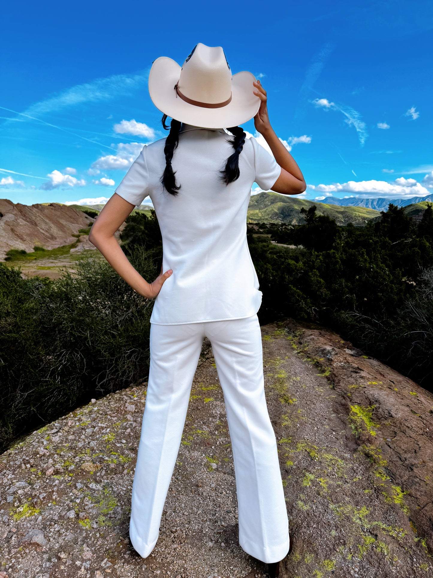 1970s White Polyester Top + Pant Set