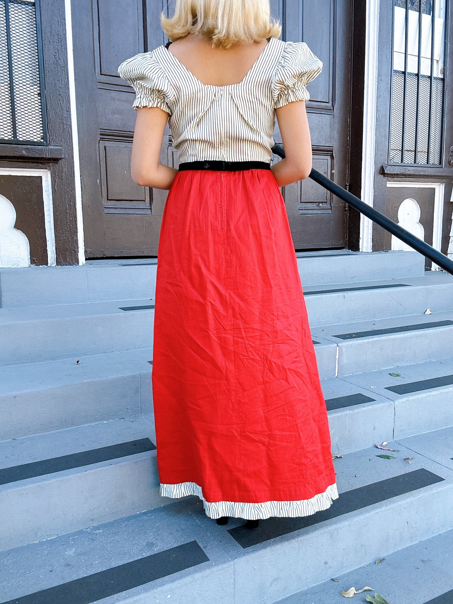 1960s does Edwardian Red, Black, & White Pinstripe Maxi Dress