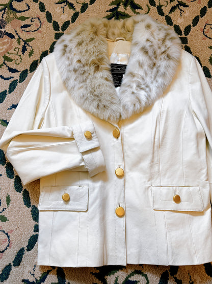 1990s Deadstock White Genuine Leather Jacket with Removable Faux Fur Collar