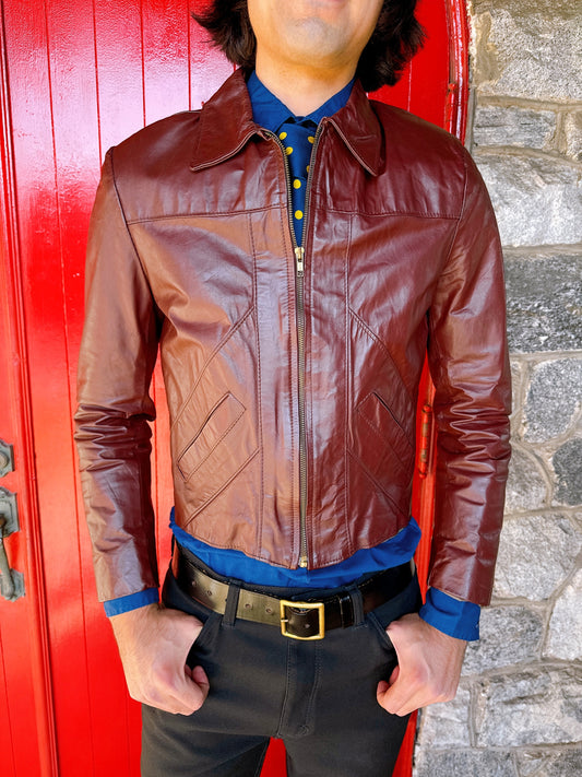 1970s Mahogany Brown Leather Jacket by Jean Pierre