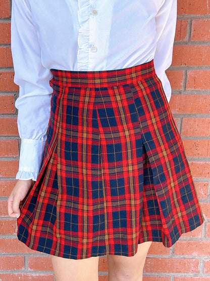 1980s Red & Navy Pleated Plaid Skirt