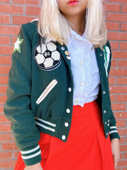 1980s Cheerleader Upland High School Green and White Varsity Jacket