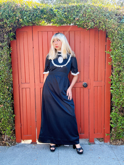 1970s does Victorian Black & White Lace Cameo Maxi Dress with Bustle