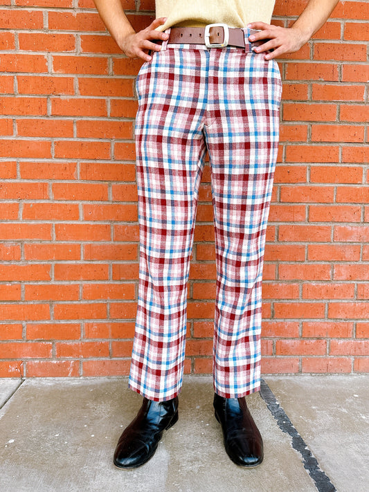 1970s Burgundy, Blue, & White Plaid Flare Leg Pants by Hathaway OtherWear 34x31