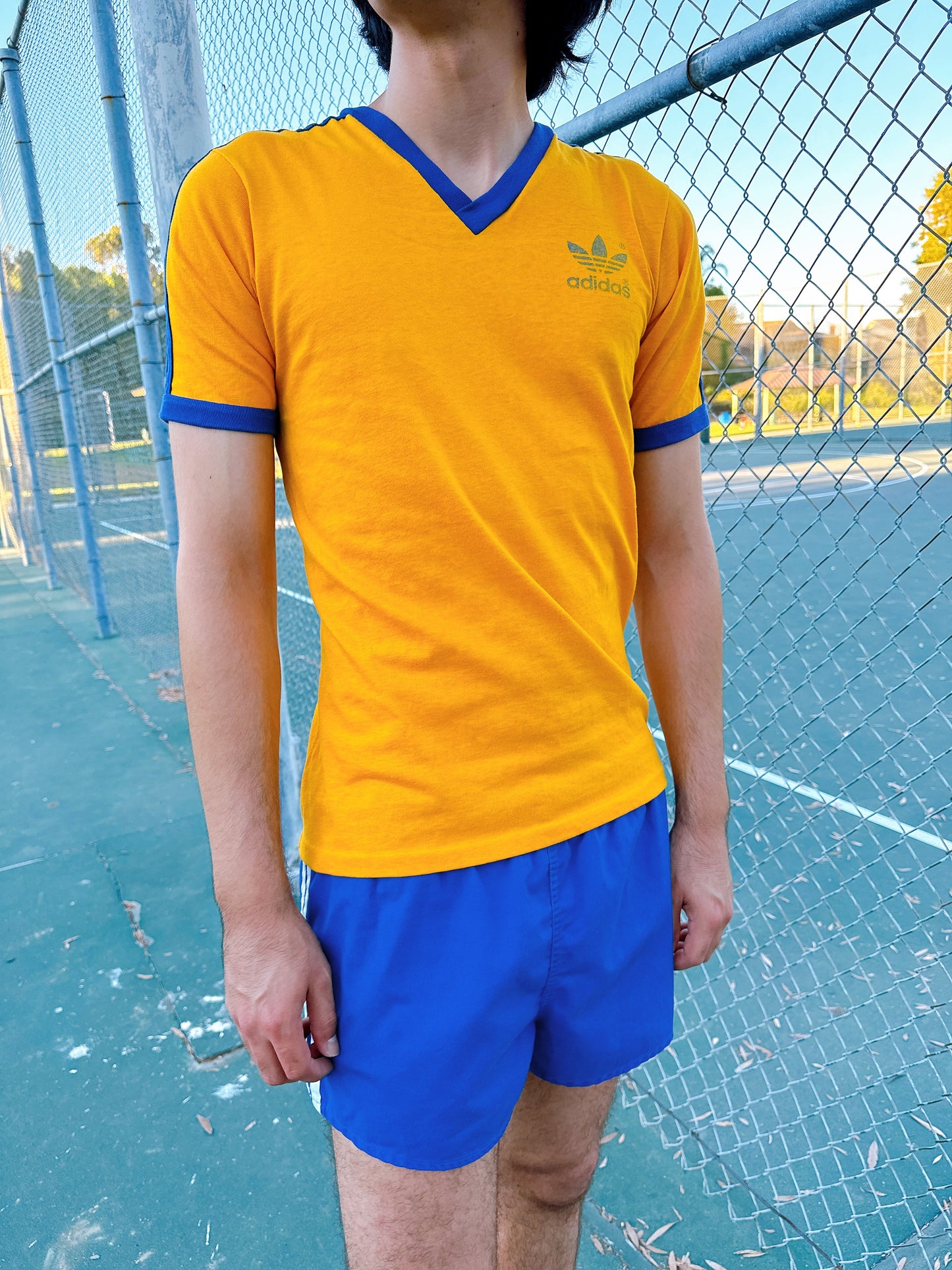 1980s Adidas Yellow & Navy V-Neck T-Shirt