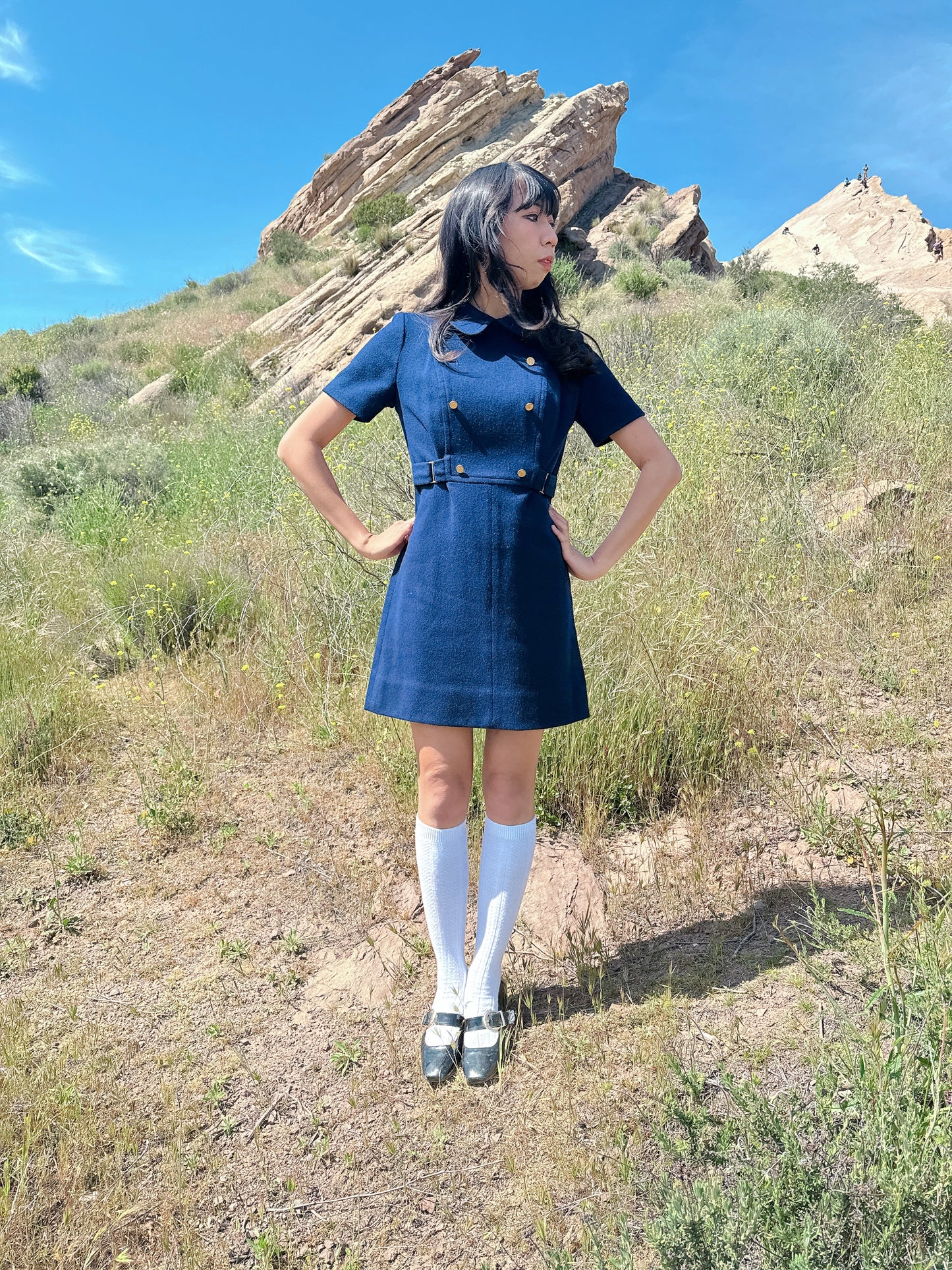 1960s Navy Blue and Gold Buttons Wool Mini Dress