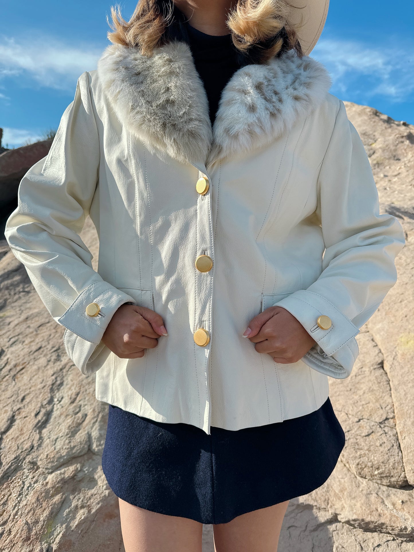 1990s Deadstock White Genuine Leather Jacket with Removable Faux Fur Collar