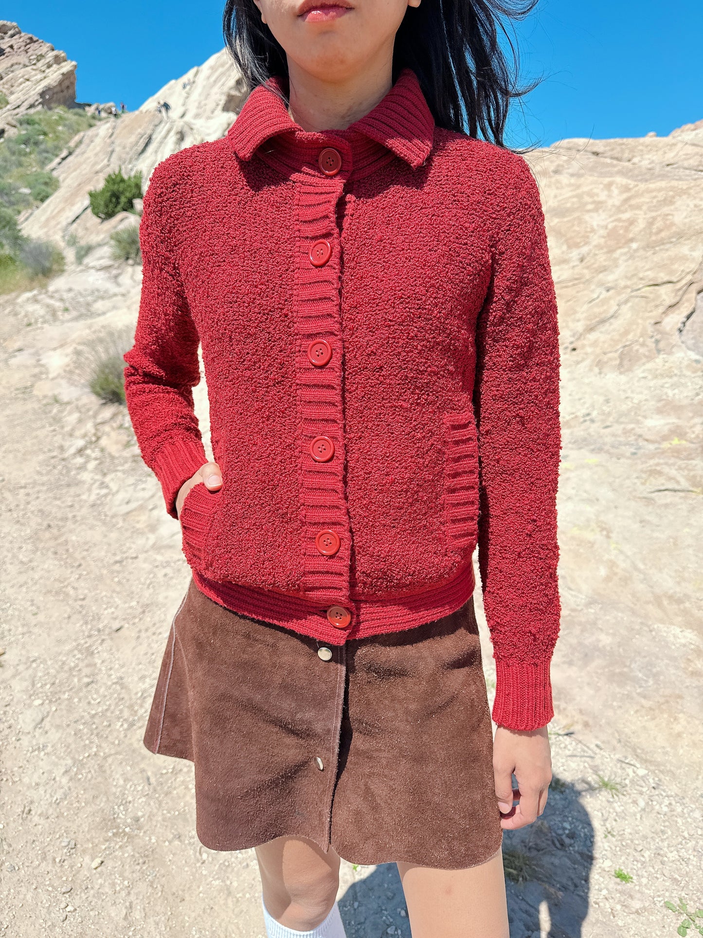 1960s Cranberry Boucle Knit Cardigan