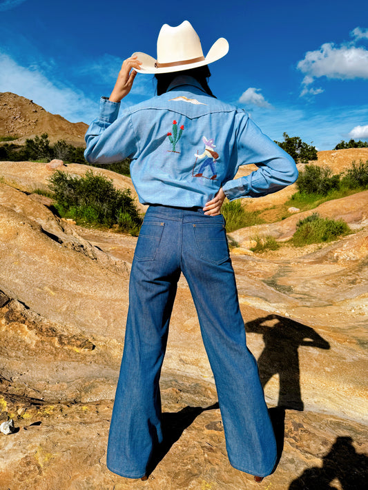 1970s Hiker & Cactus Embroidered Chambray Button Up Top