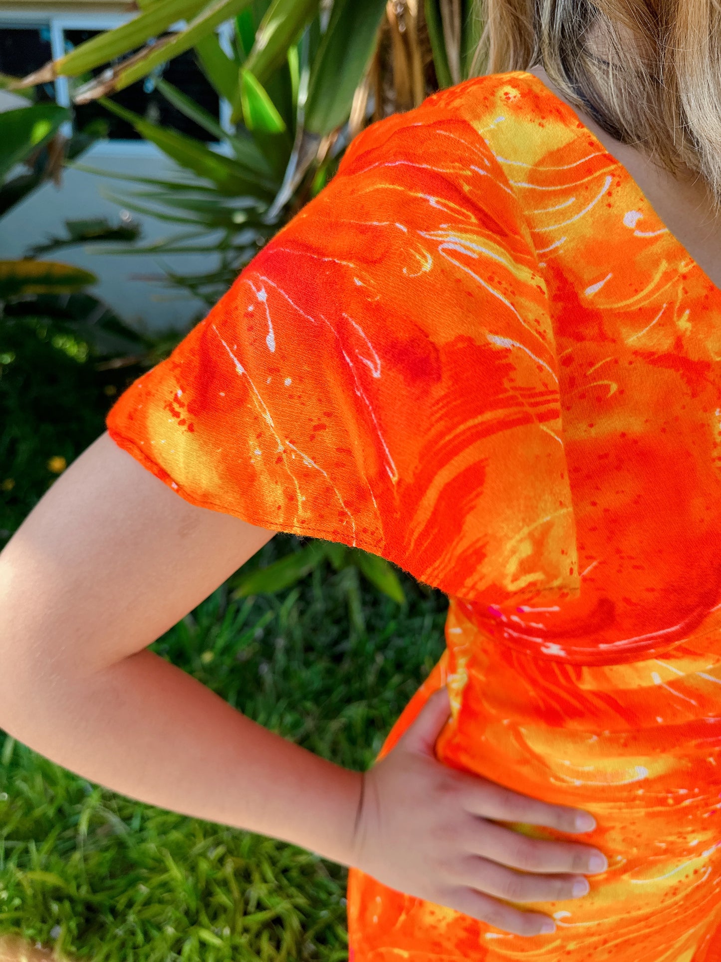 1970s Tangerine Psychedelic Flutter Sleeve Hawaiian Maxi Dress