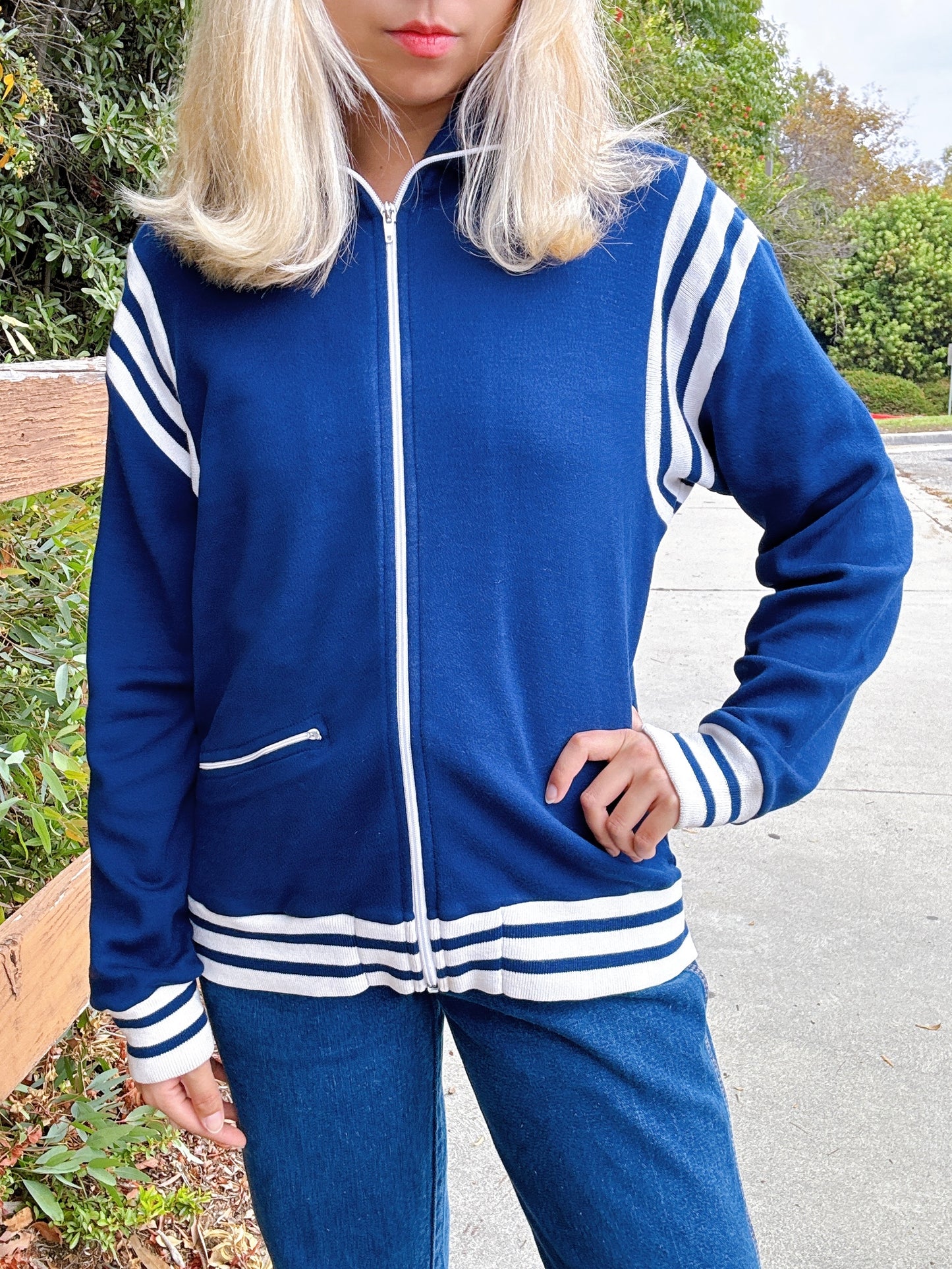 1970s Navy and White Soft Knit Tracksuit Zip-Up Jacket